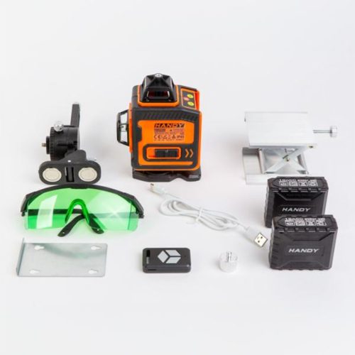 Handy Lézeres szintező szett – max 15 m – 16 zöld lézer – 3D/360° – 2 akkumulátor, 2 konzol, szemüveg Handy 10058