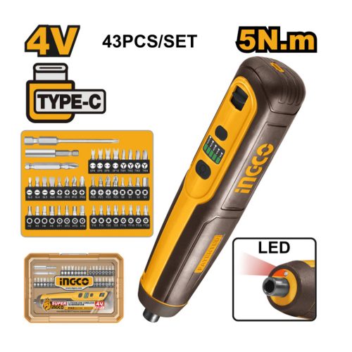  INGCO Akkus csavarozó 5 Nm 4 V + 43 részes bit (USB-C töltés)
