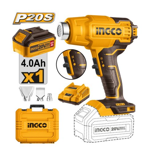 INGCO Akkus hőlégfúvó 550°C 20 V (1 x 4,0 Ah akku + töltő)