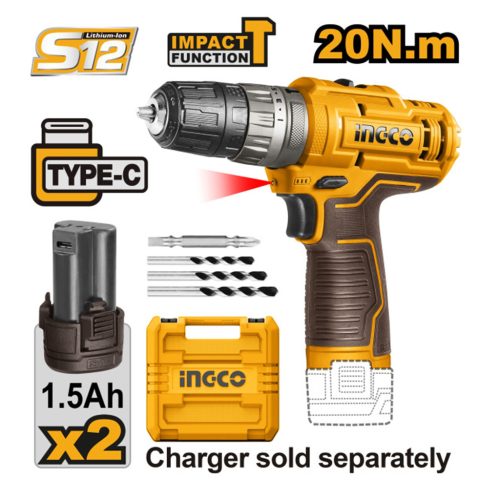 INGCO Akkus ütvefúró-csavarozó 20 Nm 12 V (2 x 1,5 Ah akku, töltő nélkül) 