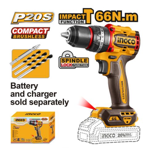INGCO Akkus ütvefúró-csavarozó 66 Nm szénkefe nélküli 20 V (akku és töltő nélkül) 