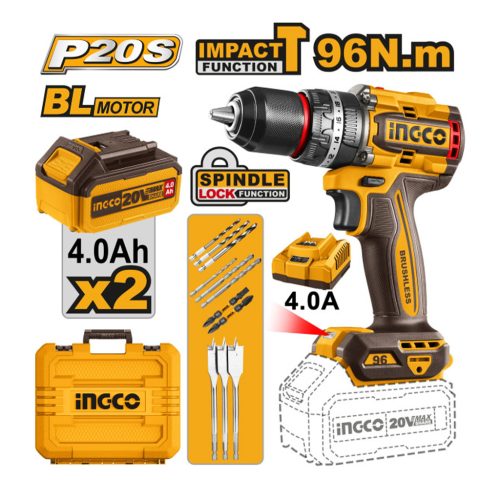 INGCO Akkus ütvefúró-csavarozó 96 Nm szénkefe nélküli 20 V (2 x 4,0 Ah akku + töltő) 