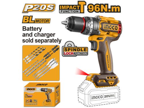 INGCO Akkus ütvefúró-csavarozó 96 Nm szénkefe nélküli 20 V (akku és töltő nélkül) 