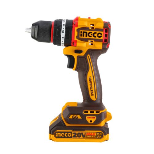 INGCO Akkus ütvefúró-csavarozó 66 Nm szénkefe nélküli 20 V (2 x 2,0 Ah akku + töltő) 
