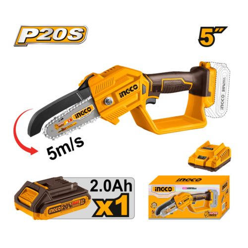  INGCO Akkus láncfűrész 127 mm 20 V (1 x 2,0 Ah akku + töltő)