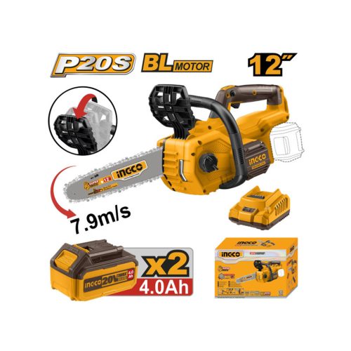 INGCO Akkus láncfűrész 300 mm szénkefe nélküli 20 V (2 x 4,0 Ah akku + töltő)