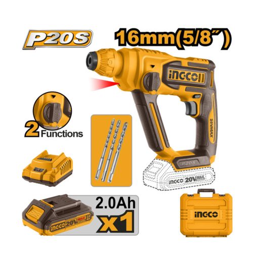 INGCO Akkus ütvefúró 1,5 J SDS-Plus szénkefe nélküli 20 V (1 x 2,0 Ah akku + töltő)