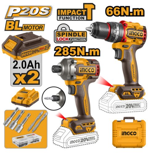 INGCO Akkus erőcsomag 20 V Ütvefúró-csavarozó 66 Nm+Ütvecsavarozó 1/4" 285 Nm (2 db akku + töltő)