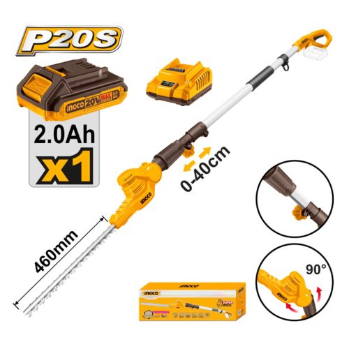 INGCO Akkus magassági sövényvágó 0-400 mm 460 mm 20 V (1 x 2,0 Ah akku + töltő)