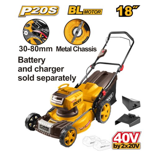 INGCO Akkus fűnyíró 460 mm 2 x 20 V szénkefe nélküli (2 x 5,0 Ah akku + 8,0 A dupla töltő)