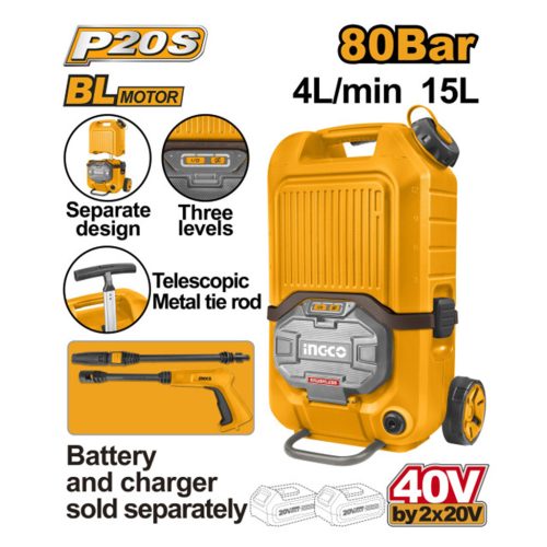 INGCO Akkus magasnyomású mosó 80 bar 15 l tartály szénkefe nélkül 2 x 20 V (akku és töltő nélkül)