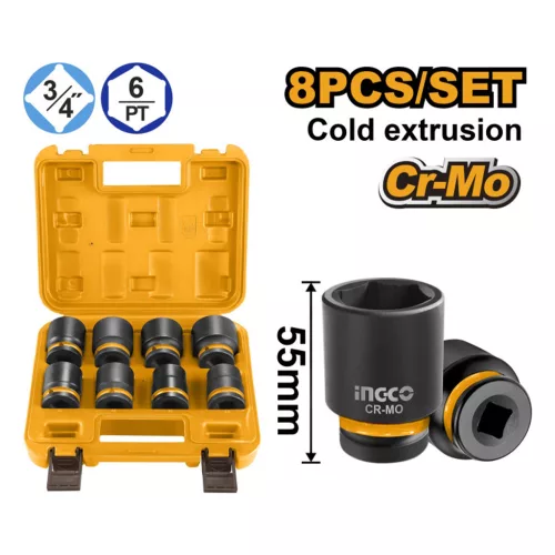 INGCO Gépi dugókulcs készlet 8 részes 3/4" 26-38 mm CrMo HKISSD34081
