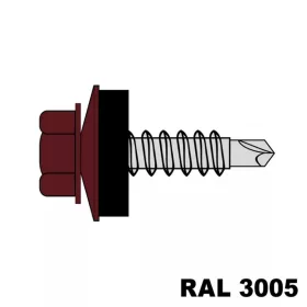   Hatlapfejű redukált hegyű önf. csav. fához + EPDM (14mm) acél RAL3005 (borvörös) 4,8x35