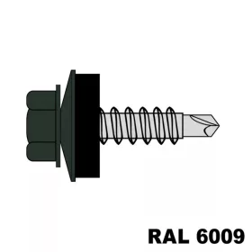   Hatlapfejű redukált hegyű önf. csav. fához + EPDM (14mm) acél RAL6009 (fenyőzöld) 4,8x35