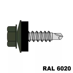   Hatlapfejű redukált hegyű önf. csav. fához + EPDM (14mm) acél RAL6020 (krómzöld) 4,8x35